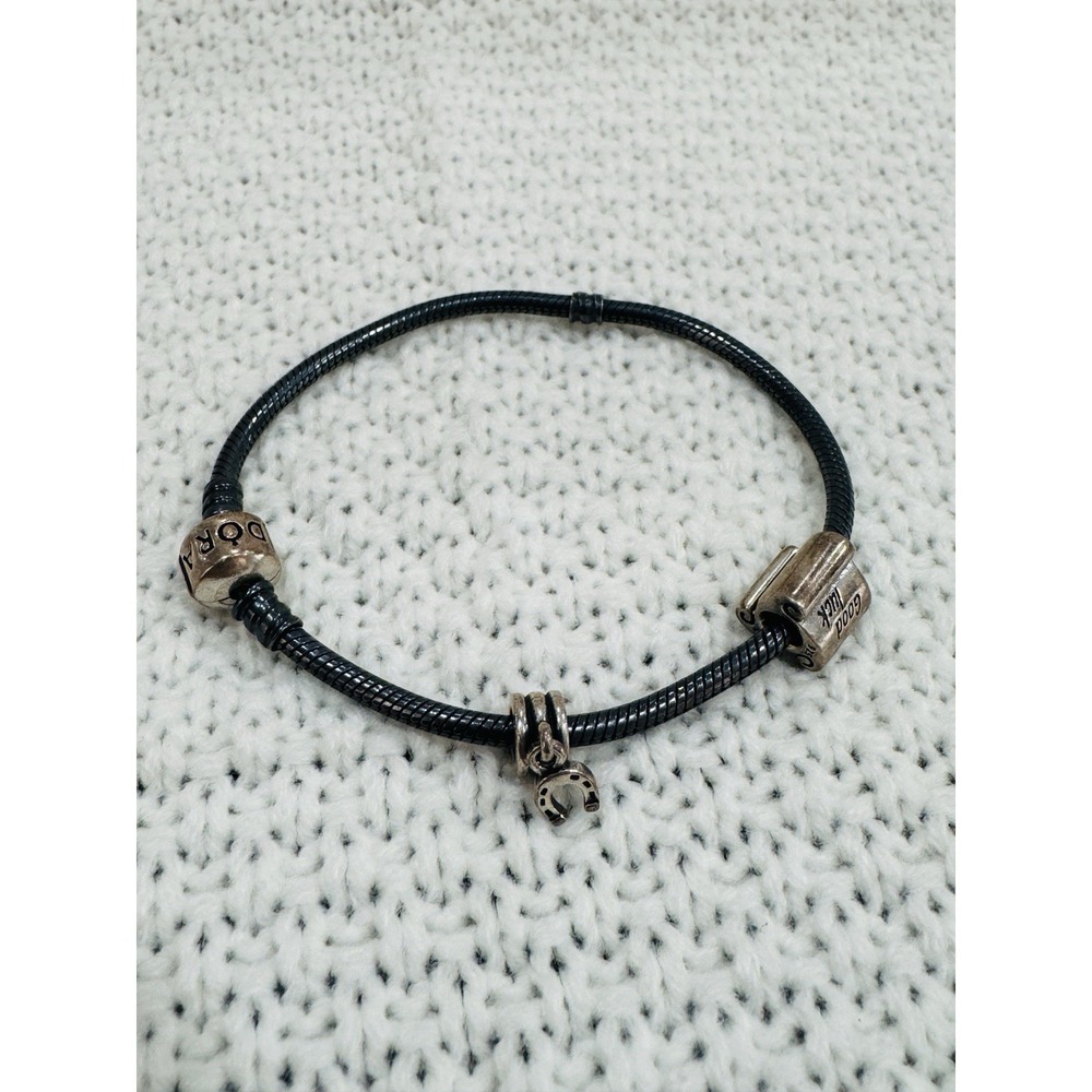 Pandora 925 ALE Black Bracelet Good Luck Horseshoe Charm 7.5"